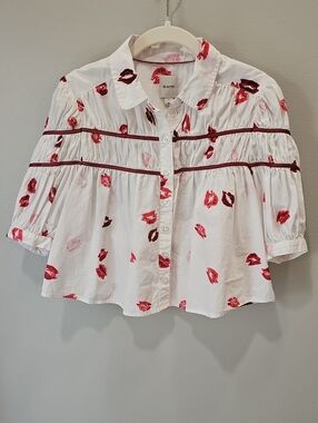 Maeve Puff Sleeve Cropped Blouse with Lipstick Kiss Details